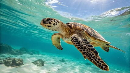 wild marine turtle in underwater sunlight
