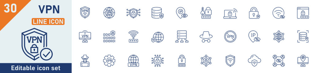 VPN line icon set. Set of 30 outline icons related to cybersecurity, server, VPN, encrypted, password, privacy, server and others. Editable stroke. Vector illustration.