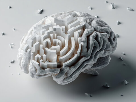 Paper 3D three dimensional white decorative brain with maze inside. Psychology, cognitive, brain function, memory, neurobiology, health, technology, medicine, brain research