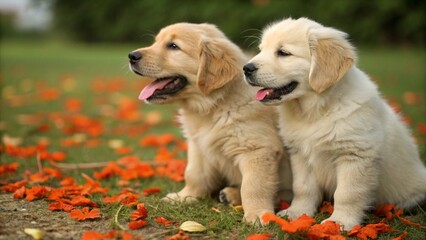happy golden retriever puppies on lawn

