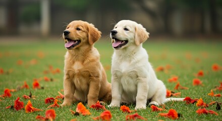 two golden retriever puppies in grass
