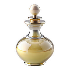 An elegant glass perfume bottle with a round shape and a stylish stopper, showcasing a golden liquid inside, exuding luxury and sophistication.