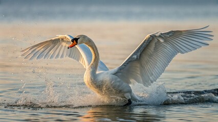 white swan taking off from water