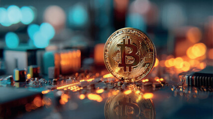 A shiny Bitcoin token placed on an intricate electronic board, evoking concepts of crypto mining and digital assets.