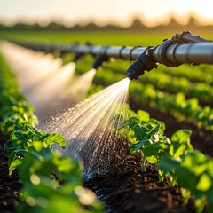 Close-up of a modern irrigation system watering rows of lush green crops in a sunlit agricultural field during sunset, highlighting farming technology.