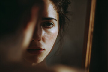 a woman looking at her reflection in a mirror