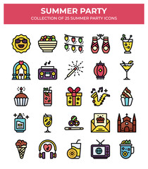 Summer Party Icons. Collection of 25 Colorful Festive Design Elements