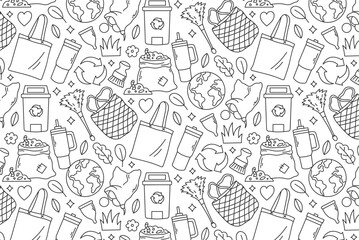 Seamless pattern with eco lifestyle elements in cartoon style. Features zero waste items, reusable packaging, and planet-saving concepts. 