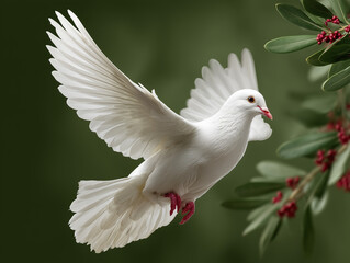 Fototapeta premium White wedding dove on green background with leaves