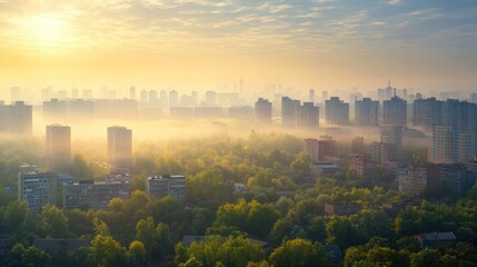 Misty Sunrise Over Cityscape: A Golden Hour Panorama