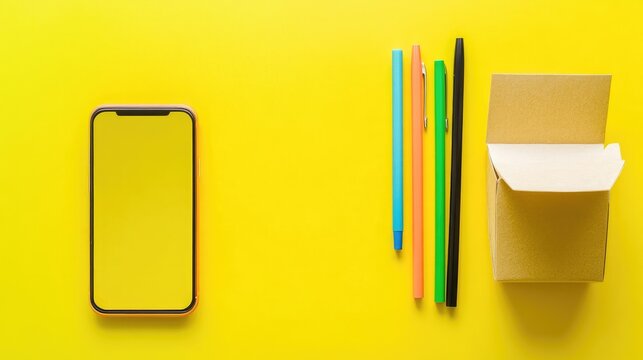 Takeout box, smartphone, and highlighter pens on workspace desk during quick lunch hour