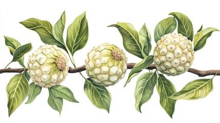 Fototapeta premium Watercolor Painting of Cherimoya Fruits on Branch with Lush Green Leaves