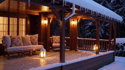 Cozy winter retreat with wooden porch and terrace, snow covered evening, warm lighting, inviting outdoor seating, peaceful - Powered by Adobe