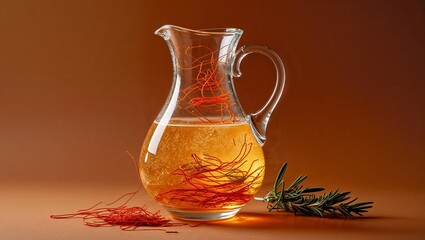 Iced Herbal Drink in Glass Jug with Rosemary and Saffron