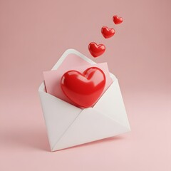 Romantic Valentine's Day greeting featuring a red heart inside a white envelope with hearts floating above on a pink background ideal for love cards and romantic designs