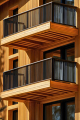 Facade of a modern apartment building with wooden cladding and balconies, a contemporary residential design with clean geometric lines and patterns