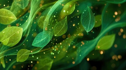 Abstract Green Leaves with Glowing Particles