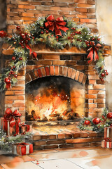 Watercolor illustration of a cozy Christmas fireplace with a warm fire, a festive holiday scene with stockings, gifts, and a garland