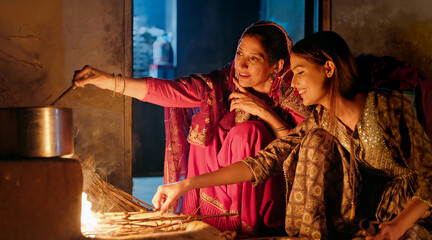 Indian villager mom with teen age female girl prepare food using earthen clay mud stove indoor house Asian young adult woman lady wear red saree cooking on open fire flam inside kitchen home desi life