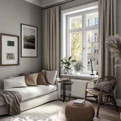 Fototapeta premium Bright Scandinavian office, framed motivational prints, clutter-free, pastel accents