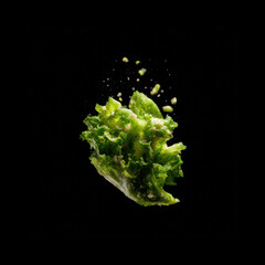 Fresh lettuce leaf splashing with droplets in air