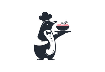 Friendly penguin serving food restaurant hotel icon logo design, cute waiter mascot, hospitality vector art, fun service SVG file