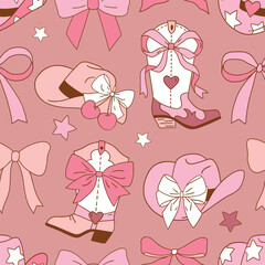 Seamless vector pattern with western cowgirl boots and bows. Hand drawn girly rodeo background. EPS 10 vector file. Perfect for textile, wallpaper or nursery print design.