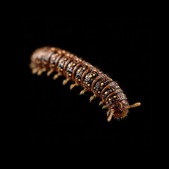 Close-up view of a detailed caterpillar on black
