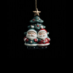 Two festive Santas with a Christmas tree ornament