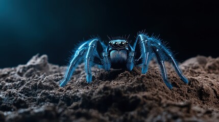 A vibrant blue spider stands on textured soil, highlighted by dramatic lighting against a dark background.