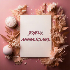 carte ou bandeau pour souhaiter un joyeux anniversaire en rose dans un rectangle blanc et autour des fleurs séchées une bougie dans les teintes rose beige et blanc sur un fond rose en dégradé