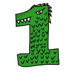 A creative illustration of the number 1 designed to resemble a cartoon dragon or dinosaur. The number is green, featuring sharp teeth, a fierce eye, black V-shaped scales, and spiky hair or dragon-lik