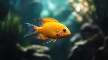 A bright orange fish swims alone in a lush, underwater aquarium environment with a blurred, aquatic background.