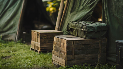 A vintage military camp with green tents and wooden supply crates, a historical reenactment of a soldier's life in a forest encampment