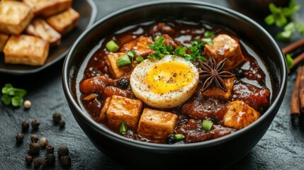 Delicious Tofu and Egg Curry in a Black Bowl