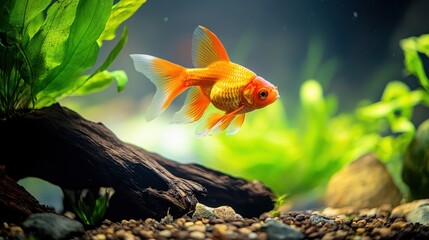A vibrant goldfish swims gracefully in a colorful, plant-filled aquarium with rocks and driftwood.