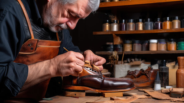 Shoemaker putting laces on handmade leather shoes in workshop