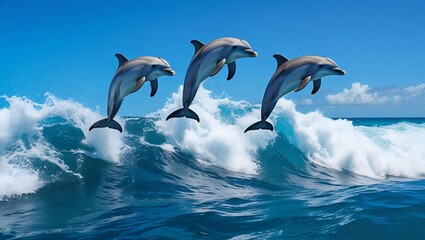 Three dolphins leap over a wave in the ocean.