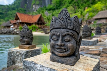 Obraz premium Traditional carved stone statue of a smiling face with a crown, set outdoors near water and greenery