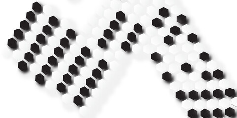 Create an abstract digital artwork featuring a pattern of black hexagons arranged diagonally in rows on a white background. The design should have a modern, geometric aesthetic with a sense of depth.