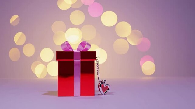 Red gift box with pink ribbon, heart keychain, romantic dreamy bokeh background, Valentine gift, surprise, ribbon, festive holiday