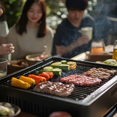 BBQ Grill with Meat and Vegetables at Outdoor Gathering