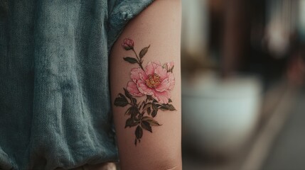 Floral tattoo on arm displays pink flowers with denim shirt background