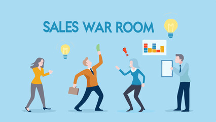 Illustration of business team celebrating success with lightbulbs and chart in a blue background