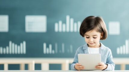 A young child uses a digital tablet in a classroom with graphs on the chalkboard in the background.