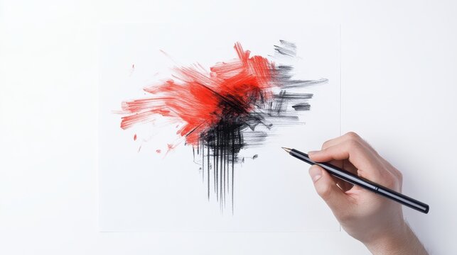 Abstract red and black ink art on white paper, created by a hand holding a pen. - Powered by Adobe