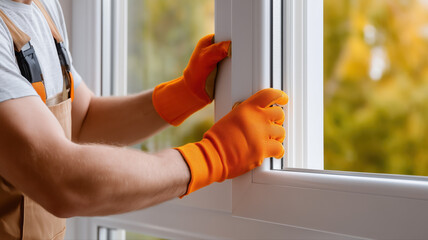 Construction worker installing new window in house during renovation project