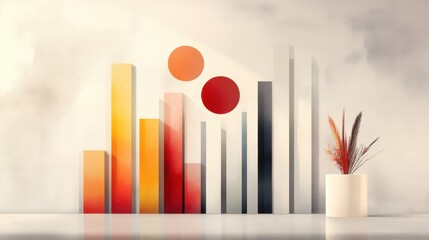 Obraz premium Minimalist abstract art featuring colorful bar graphs, two red circles, and a modern vase with dried plants on a light background.