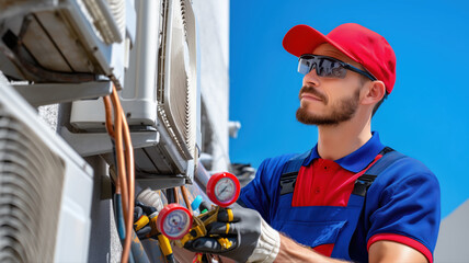 Hvac technician checking air conditioning unit with pressure gauge on building exterior