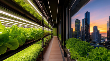 Indoor vertical farm growing vegetables with led lighting in chicago at sunset